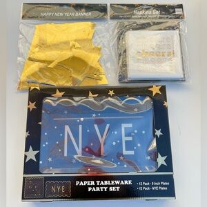 NEW YEAR’S EVE PAPER TABLEWARE PARTY SET, PLATES, NAPKINS & NYE BANNER